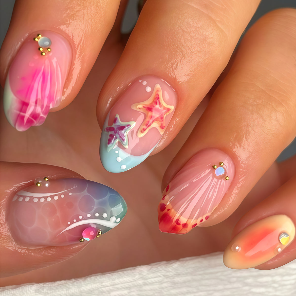 Ocean Breeze Long Almond Colorful Mermaid Inspired Press on Nail Set with Unique Starfish Design