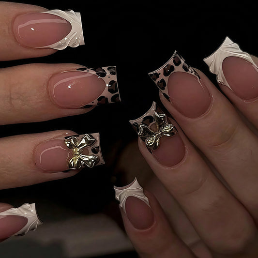 Glamorous Wild Leopard Print Long Square Luxurious Bow Press On Nail Set