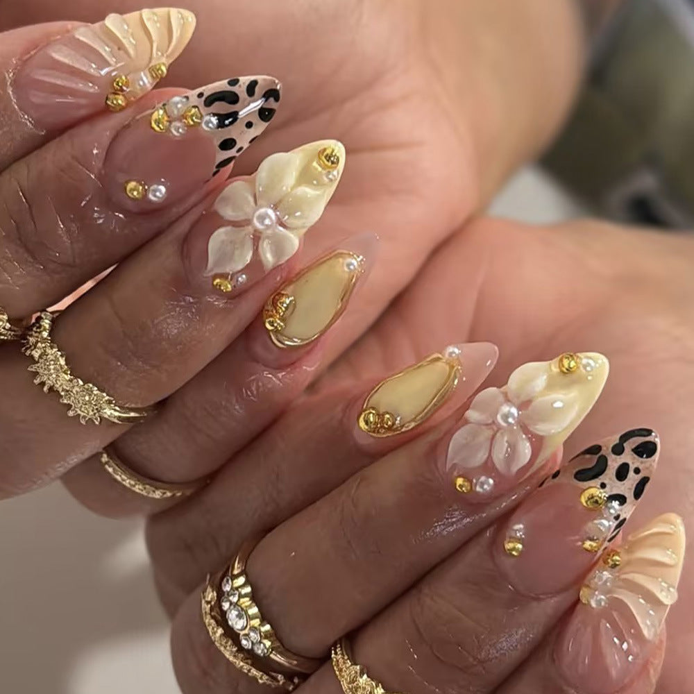 Elegant Floral Charm Long Almond Yellow and Beige with Pearl Accents and Gold Details Press on Nail Set