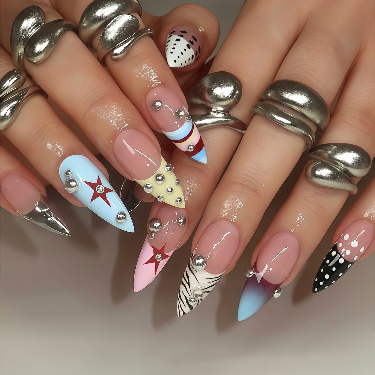 Bold Starry Night Medium Almond Blue with Unique Metallic Accents Press On Nail Set