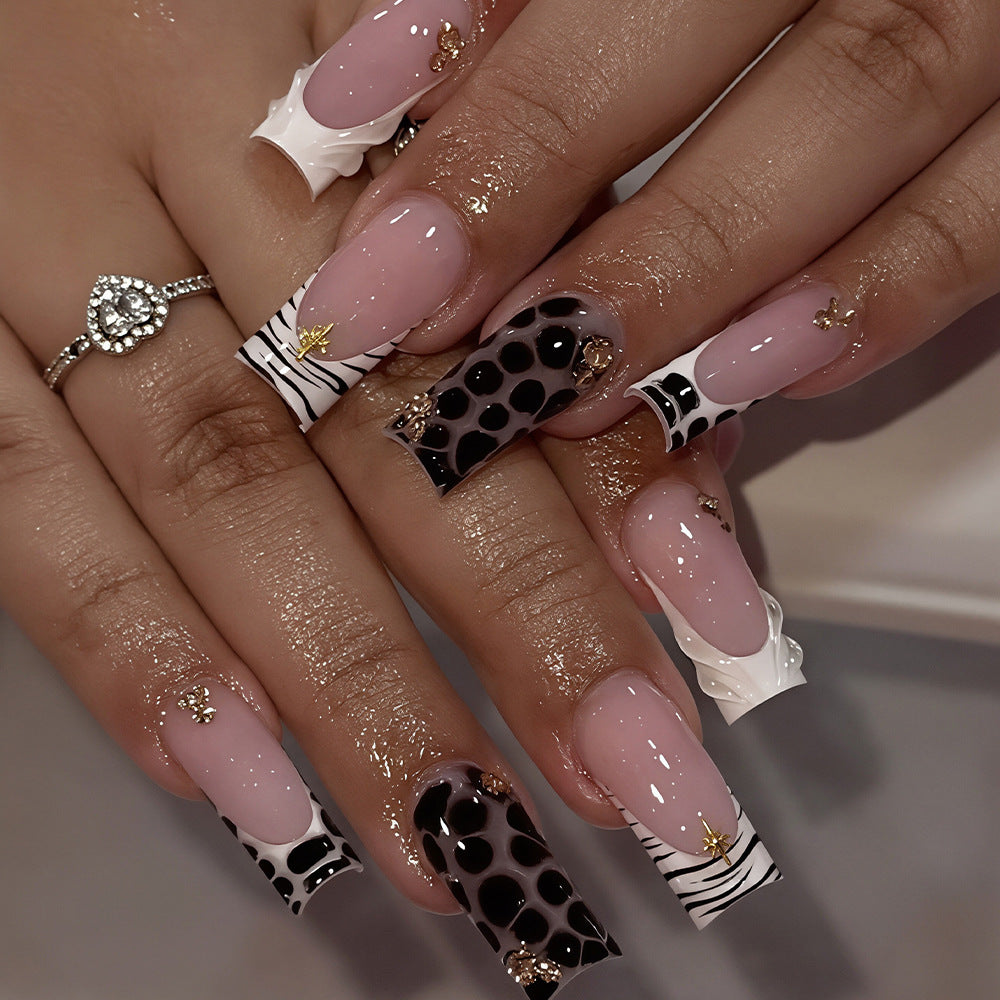 Glamorous Safari Long Square Black and White Patterned Nail Set