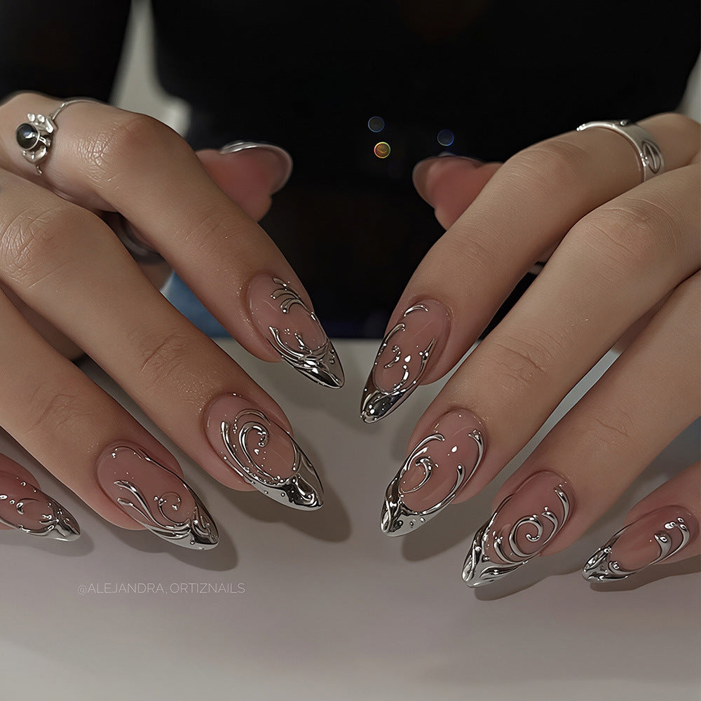 Ethereal Elegance Medium Almond Silver Swirl Press On Nail Set