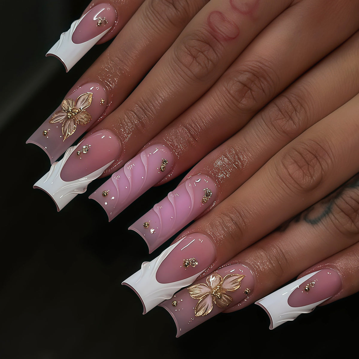 Chic Floral Elegance Short Square Pink with Exquisite Gold Accents Press On Nail Set