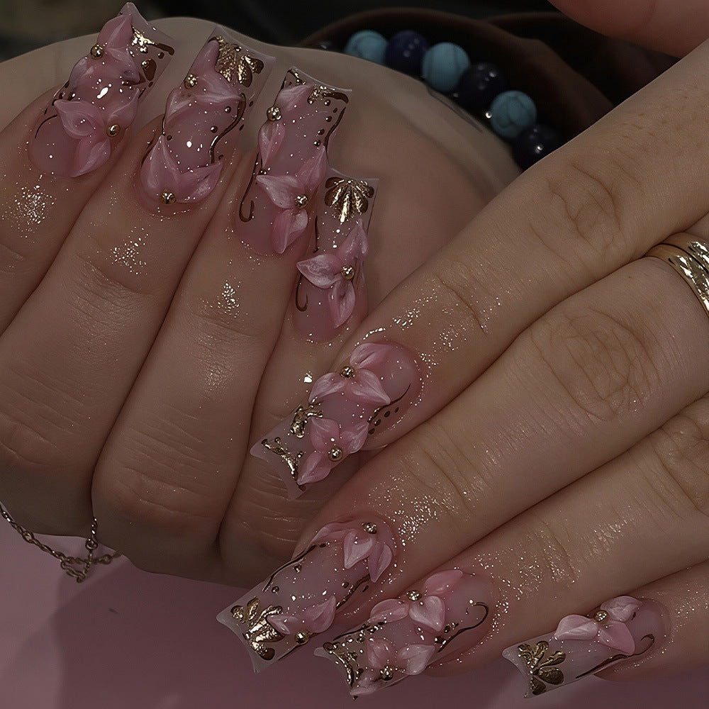 Elegant Floral Fantasy Long Square Pink Press on Nail Set with Glittering Gold Accents