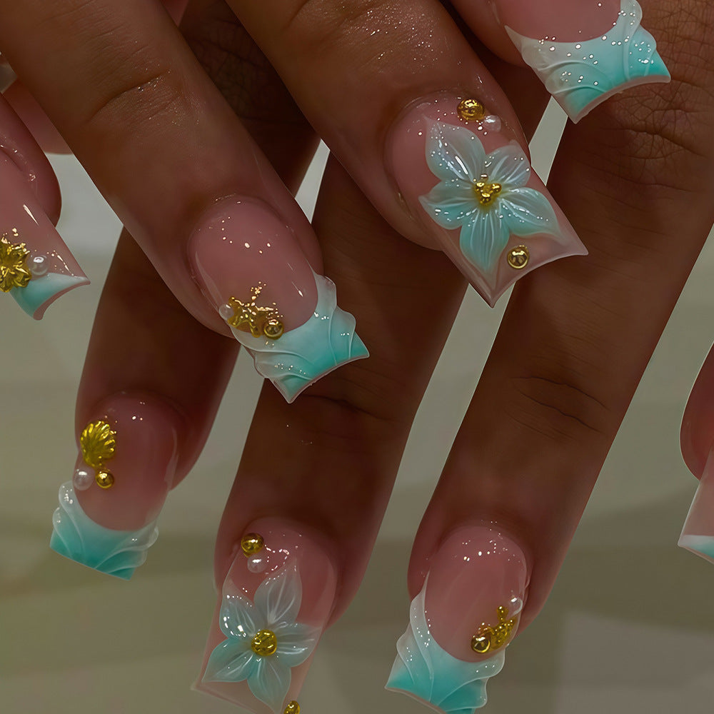 Tropical Paradise Long Square Aqua Gradient Nail Set with Floral Accents