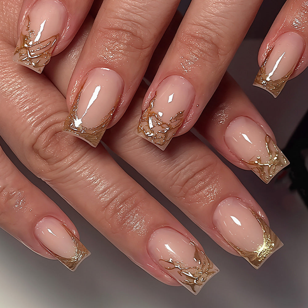 Glamorous Elegance Short Square Transparent with Gold Accents Press On Nail Set