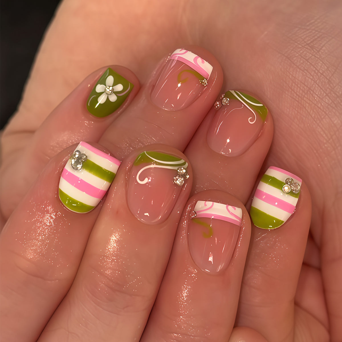 Springtime Elegance Short Square Green with Striped Design and Floral Accents Press on Nail Set