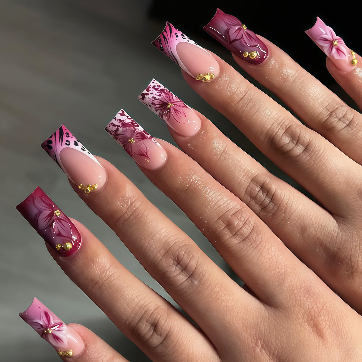 Blooming Elegance Long Square Pink Floral Design with Glitter Accents