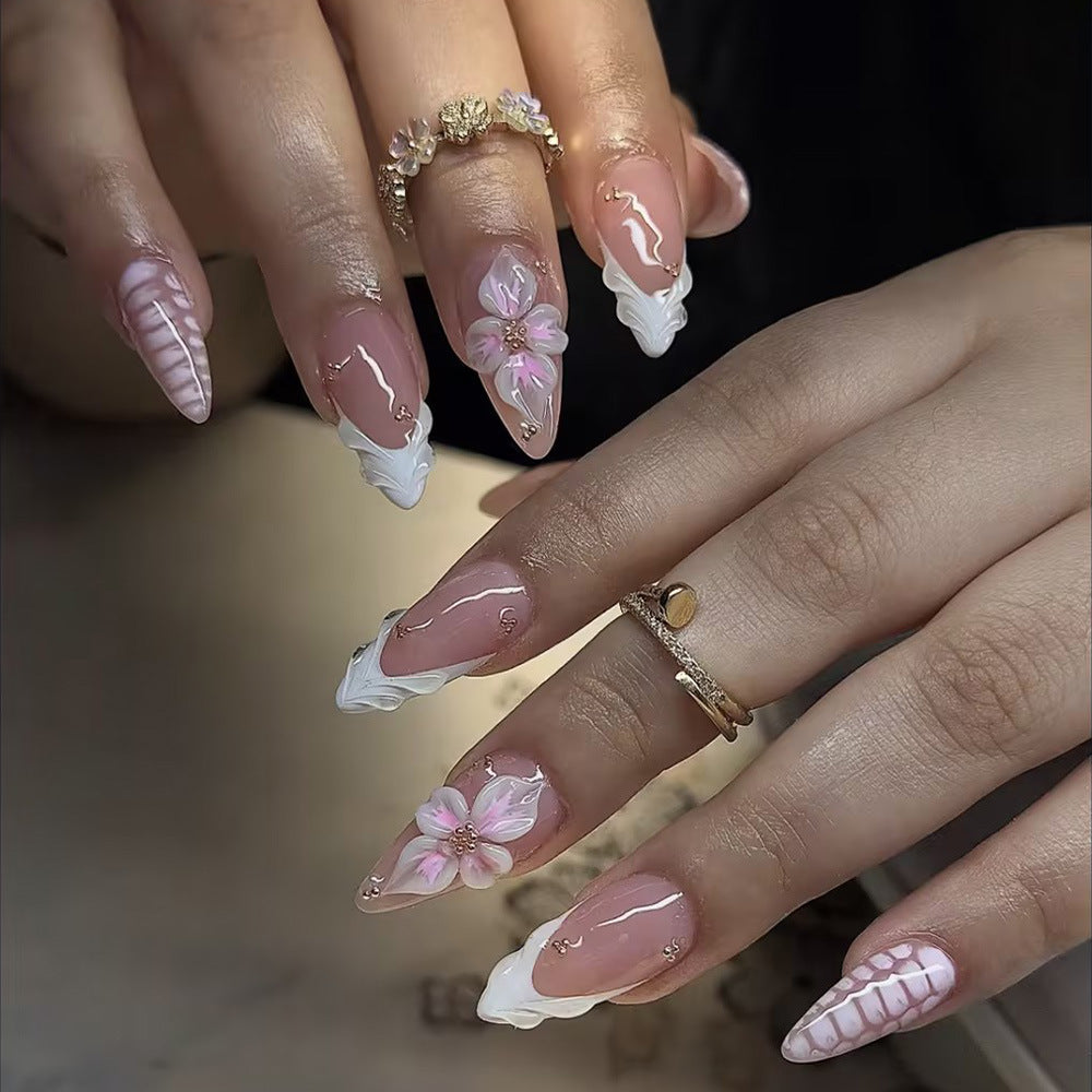 Tropical Blossom Medium Almond Pink Press On Nail Set with Floral Accents