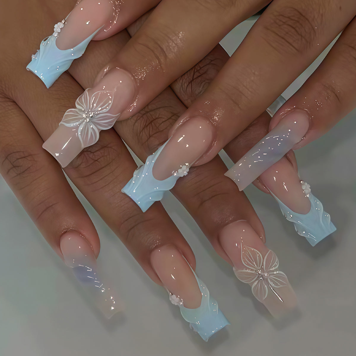 Blossom Elegance Long Square Blue Ombre Floral Press on Nail Set