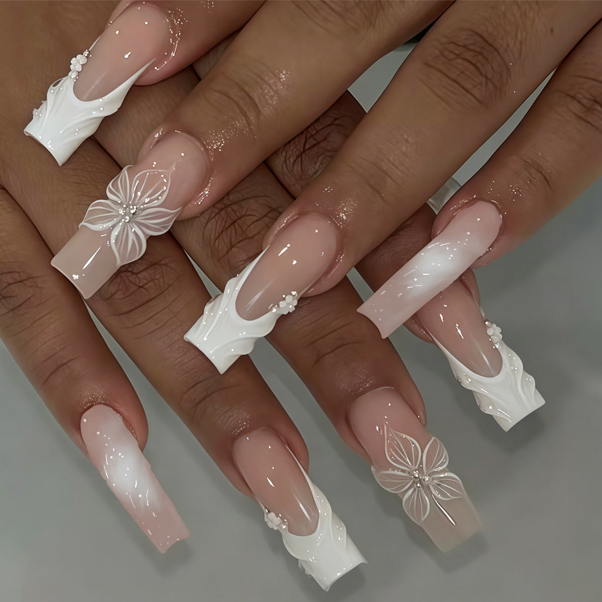 Elegant Floral Fantasy Long Square White Press-On Nail Set with Unique Three-Dimensional Designs