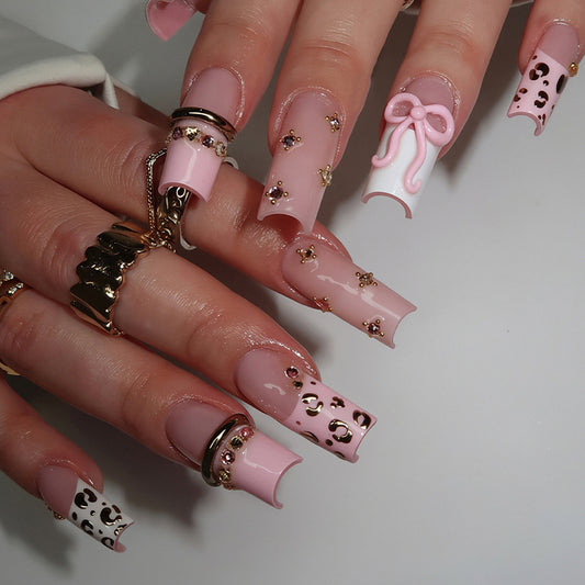 Chic Leopard Print Long Square Pink Nail Set with Unique Bow Accent