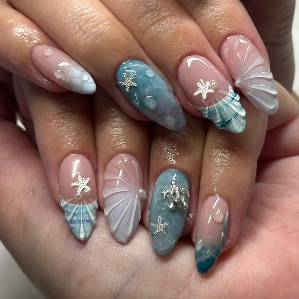 Seashell Fantasy Medium Oval Blue and White Marble Finish with Starfish Accents
