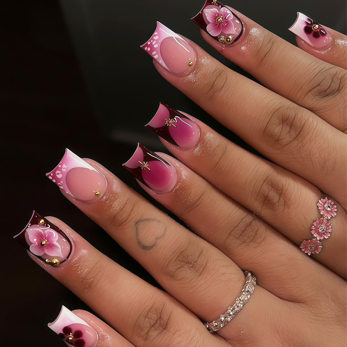 Blossom Elegance Short Square Pink Ombre with Floral Accents Nail Set