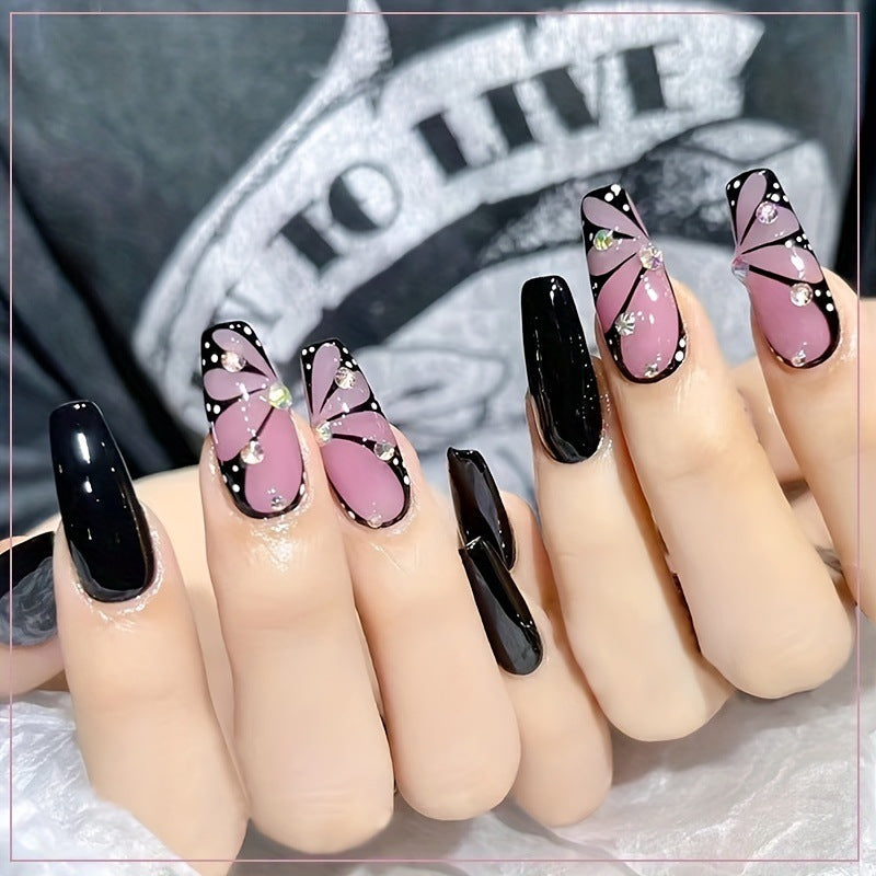 Chic Butterfly Long Coffin Black and Pink Nail Set with Sparkling Accents