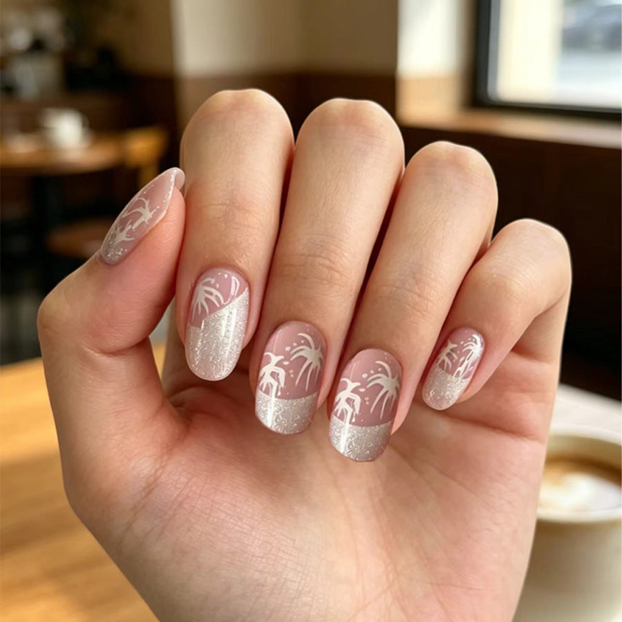 Tropical Oasis Medium Oval Pink Sparkle Design Press On Nail Set