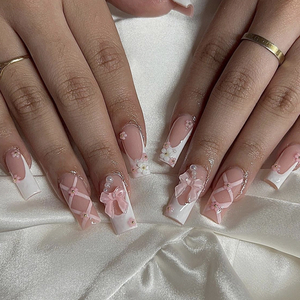 Charming Elegance Long Square Pink with Decorative Bows Press On Nail Set