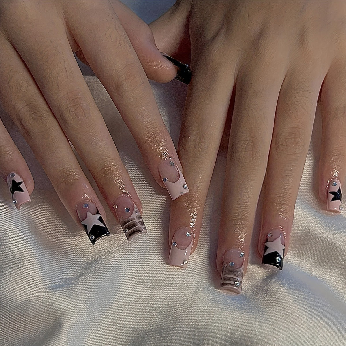Starry Night Medium Square Pink with Glittering Accents Press On Nail Set