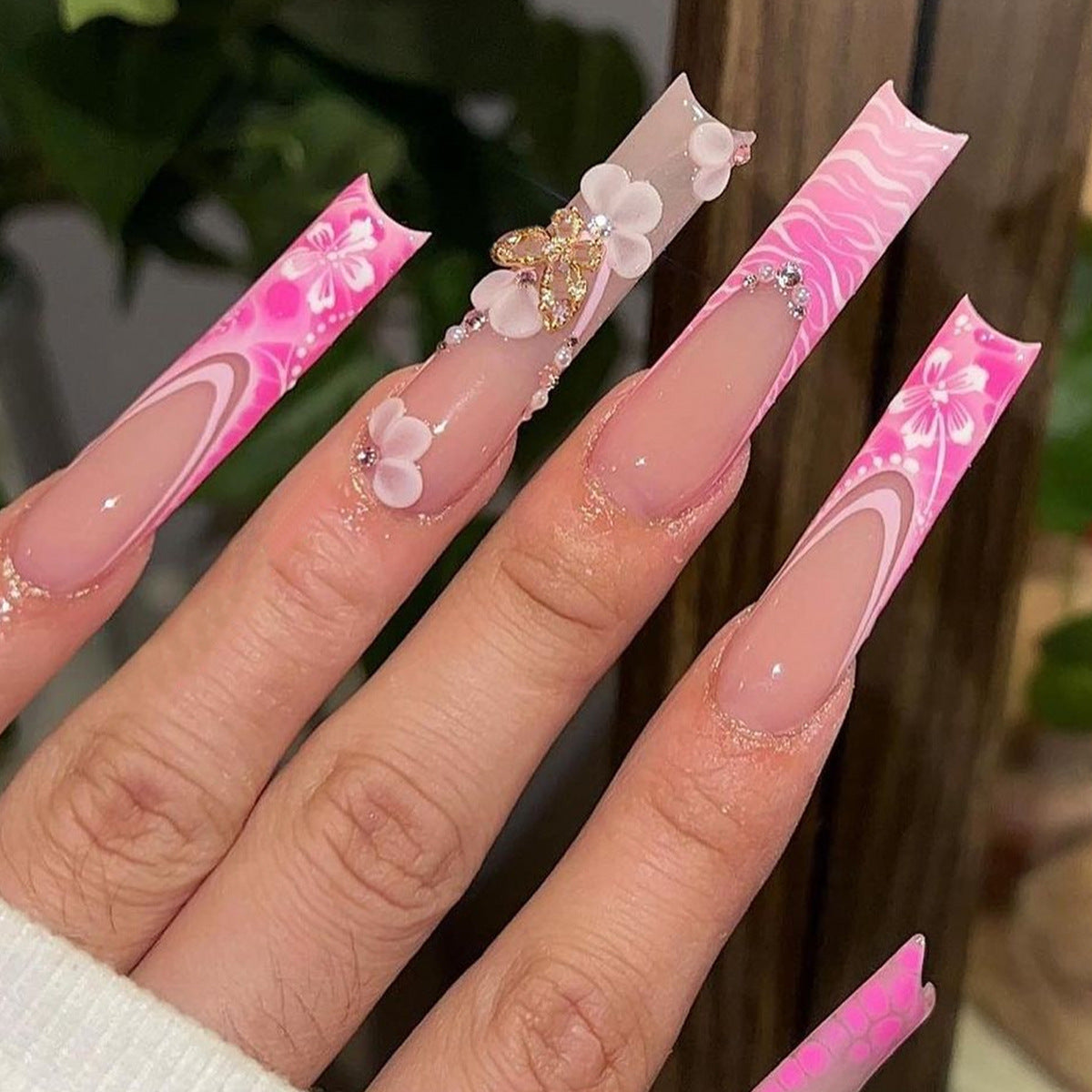 Cherry Blossom Inspired Long Square Pink Floral Press On Nail Set with Glitter Accents