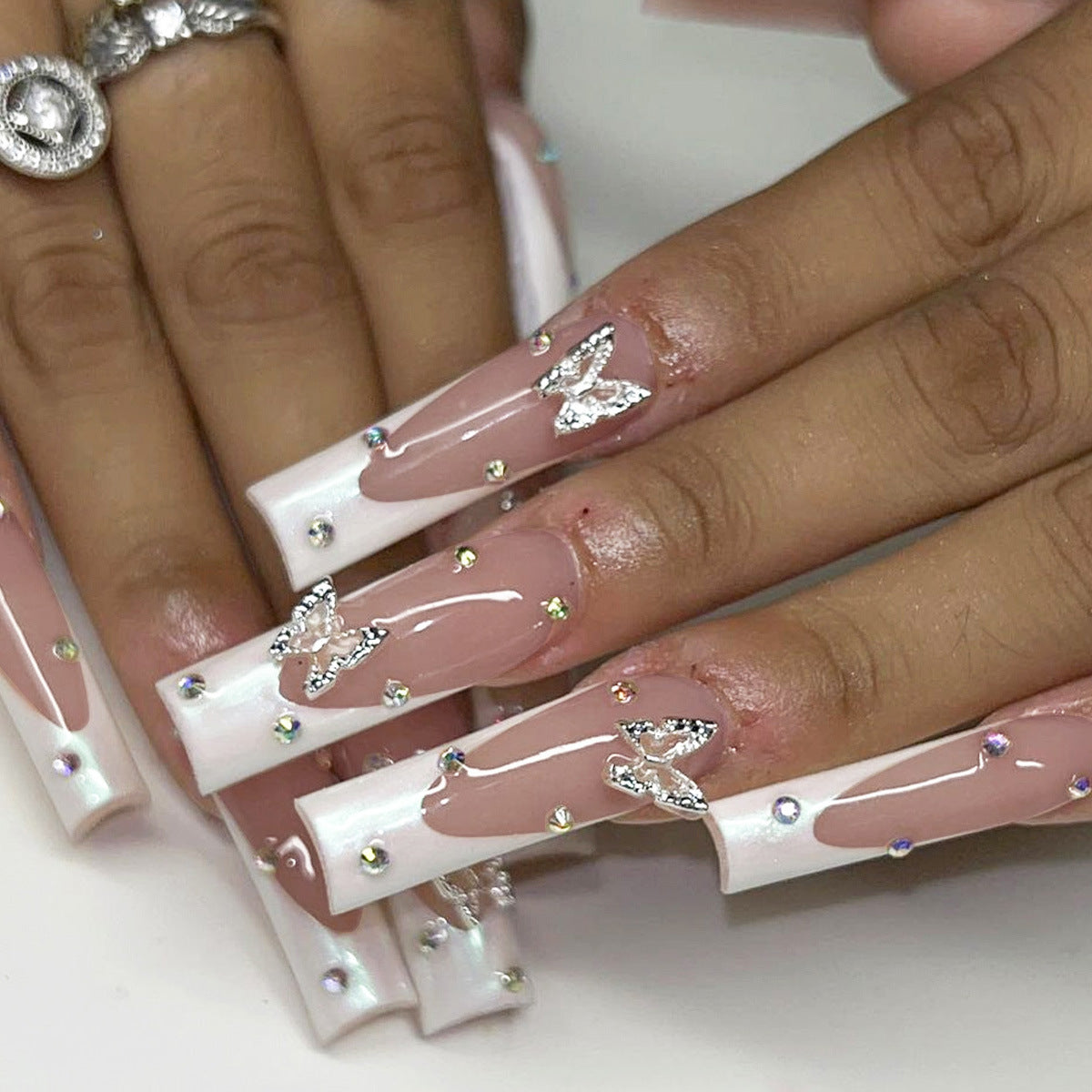 Elegant Butterfly Inspired Long Square Pink Press On Nail Set with Sparkling Accents