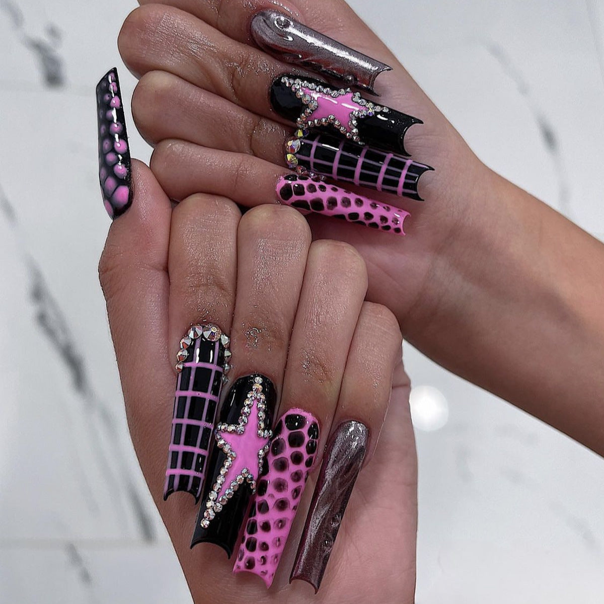 Glamorous Ocean Vibes Long Square Pink and Black Nail Set with Unique Texture and Bling