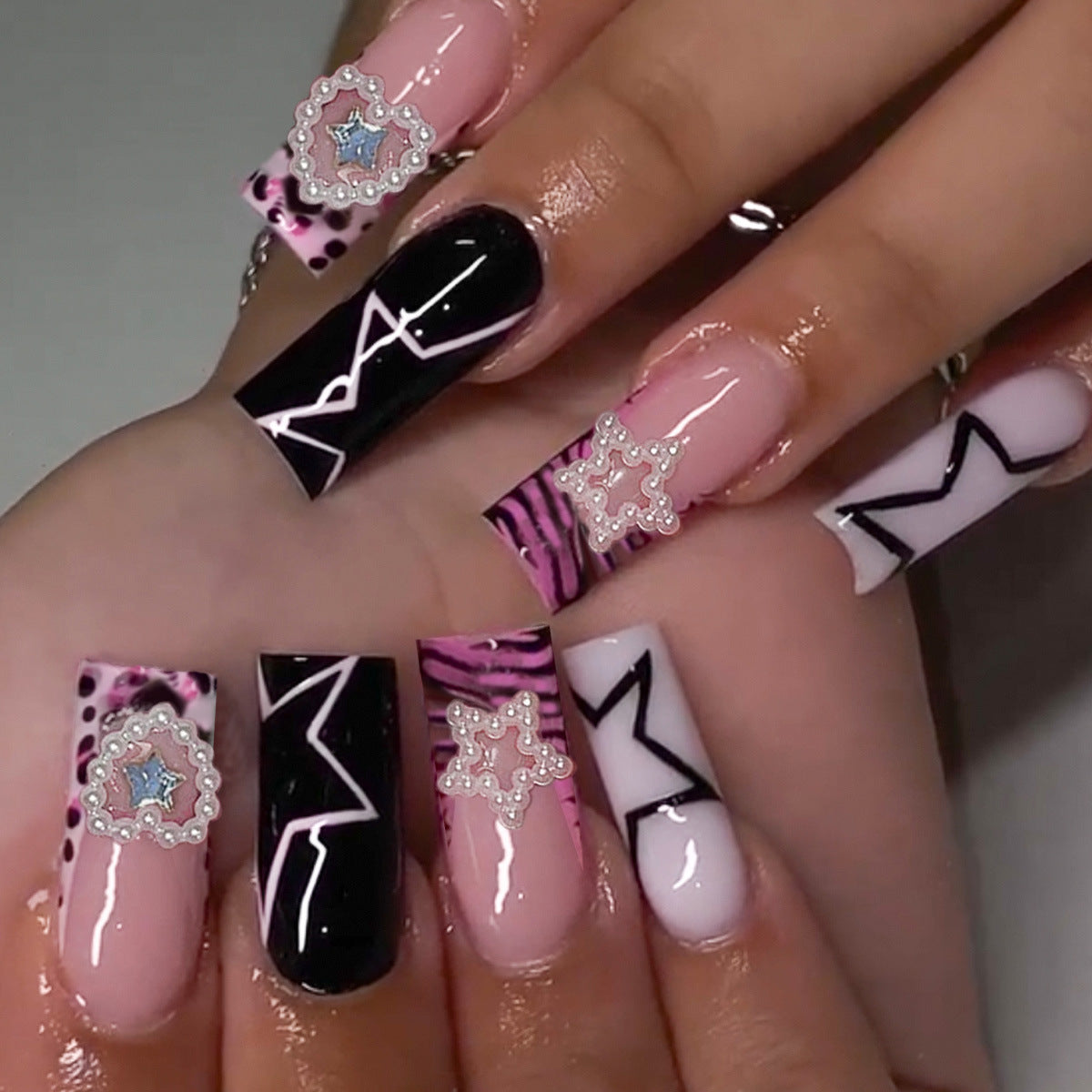 Glamorous Long Square Pink and Black Patterned Press On Nail Set with Pearl Star Accent