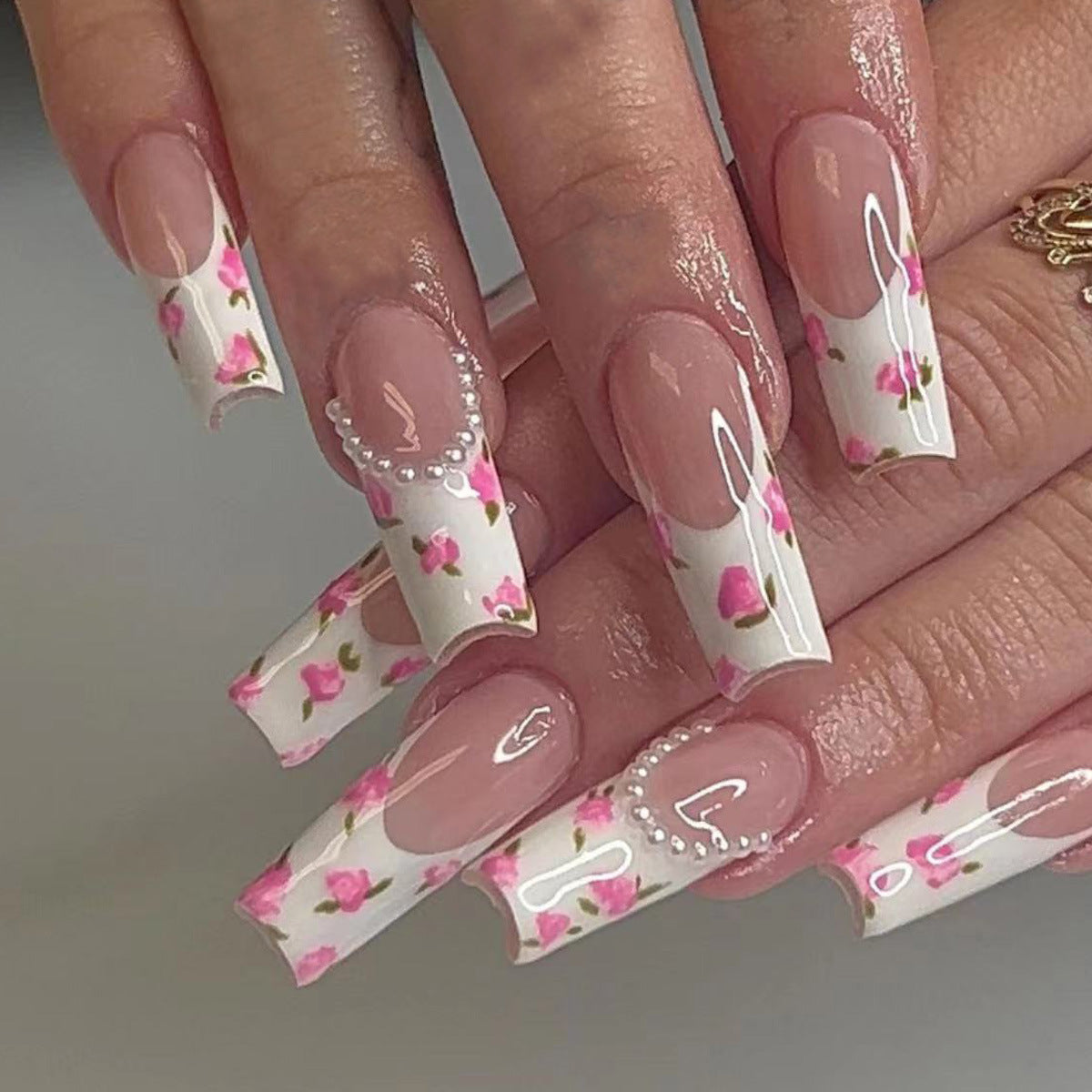 Floral Fantasy Long Square Pink and White Floral Design with Pearl Accents Press On Nail Set