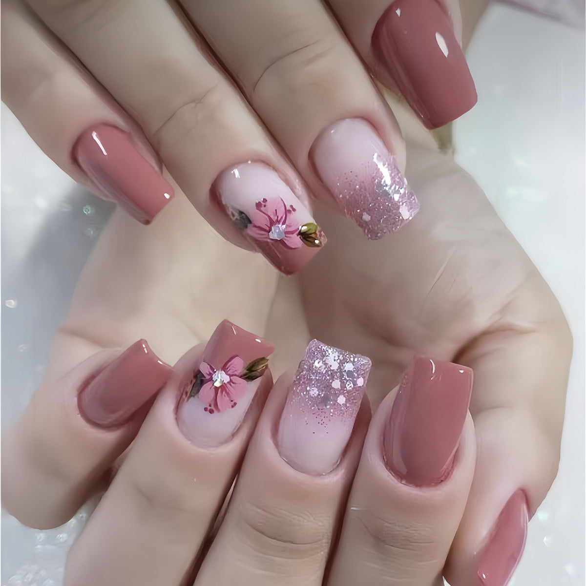 Floral Fantasy Medium Square Dusty Rose with Glitter Ombre and Flower Accents Press on Nail Set