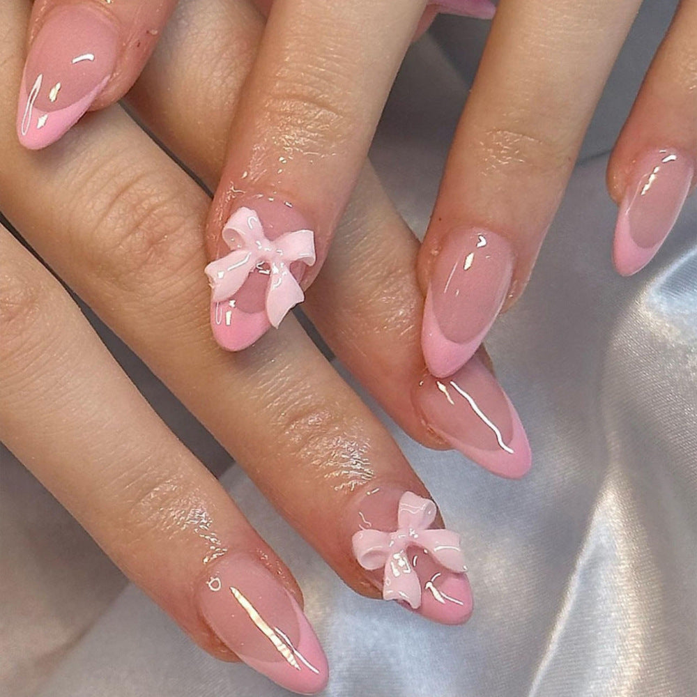 Whimsical Blossom Pink Medium Almond Length Press On Nail Set with Charming Bow Accents
