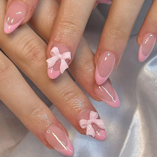 Whimsical Blossom Pink Medium Almond Length Press On Nail Set with Charming Bow Accents