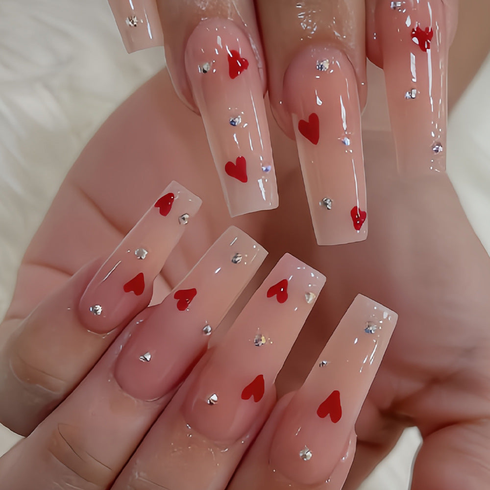 Romantic Heartfelt Long Square Pink Nails with Sparkling Gems
