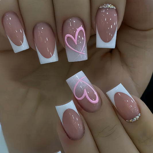Romantic Elegance Medium Square Pink and White Nails with Heart Design and Glitter Accent