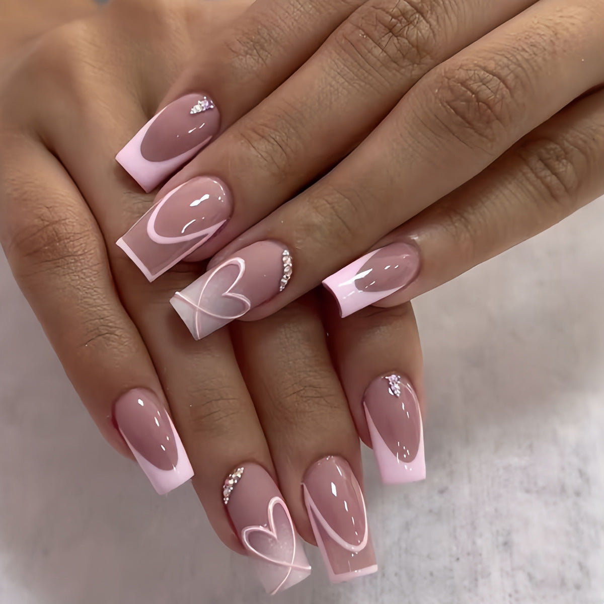 Romantic Elegance Medium Square Pink Ombre with Heart and Rhinestone Accents Press On Nail Set