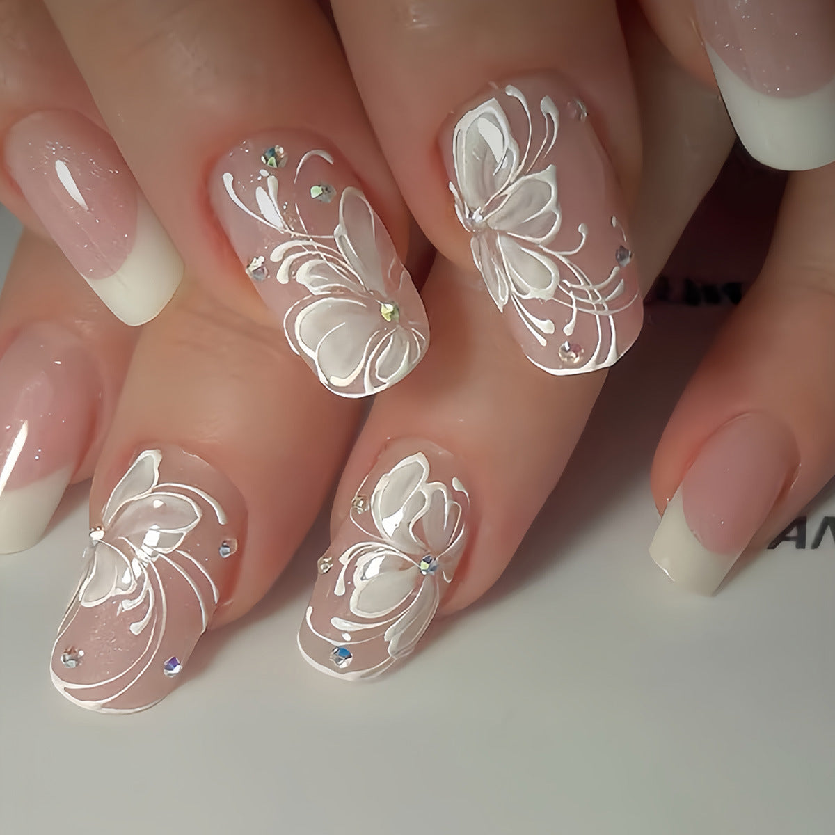 Floral Elegance Medium Square Pink with Sparkling Floral Design Press On Nail Set