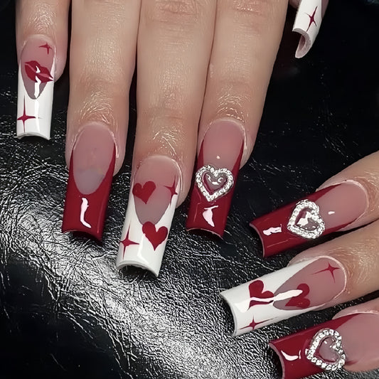 Romantic Heart Midnight Long Square Ombre Red and White Press on Nail Set with Rhinestone Accent