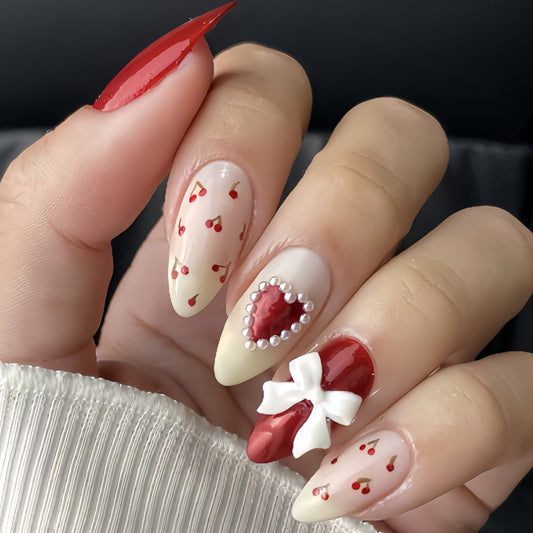 Cherry Blossom Elegance Medium Almond Red and Beige Dual Tone with Heart Gemstone and Bow Design Press-On Nail Set