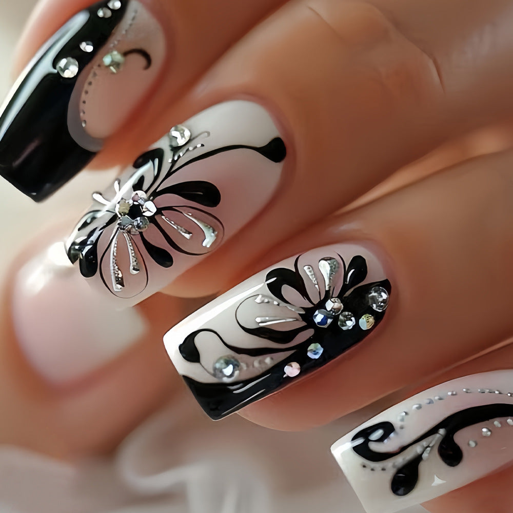 Elegant Floral Design Short Square Black and White Nail Press Set with Glitter Accents