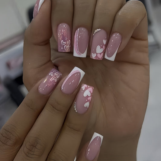 Romantic Bliss Medium Square Pink with Heart Design and Sparkling Accents Press On Nail Set
