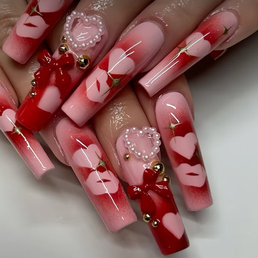 Romantic Charm Long Square Pink Ombre Nails with Heart and Pearl Accents
