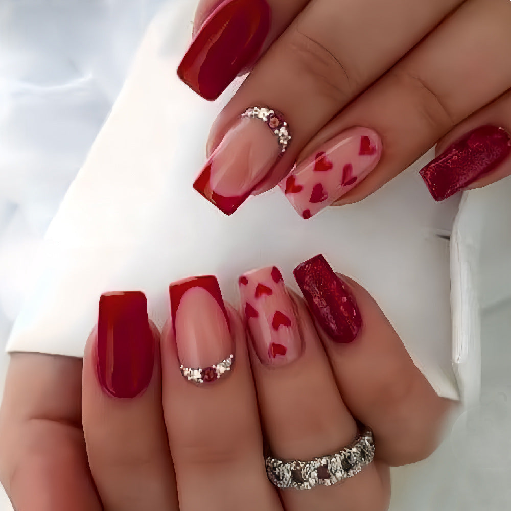 Romantic Heartfelt Medium Square Red Press On Nail Set with Sparkling Accents