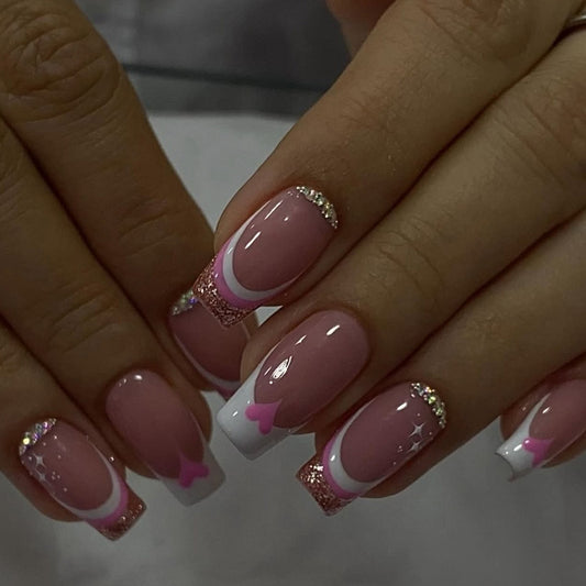 Charming Romance Pink Medium Square Nails with Glitter Accent and Heart Designs