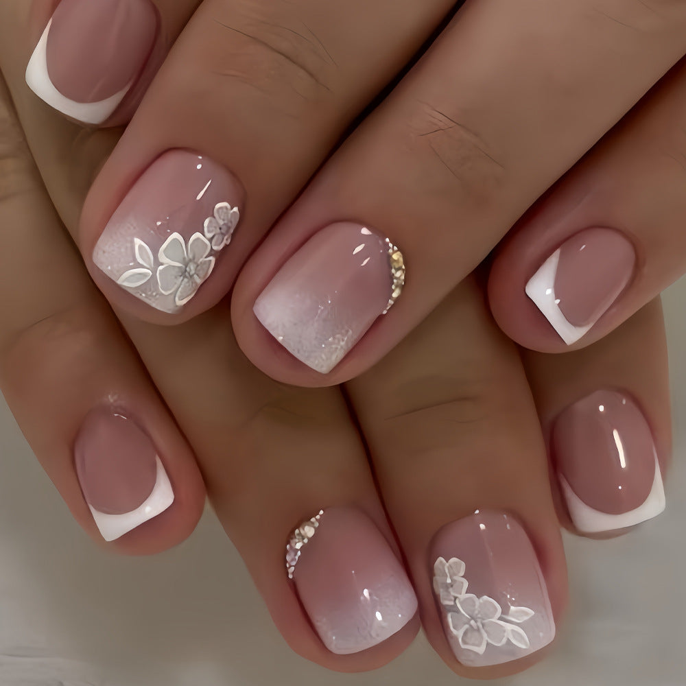 Elegant Floral Touch Short Square Pink with Sparkling Accents Press on Nail Set