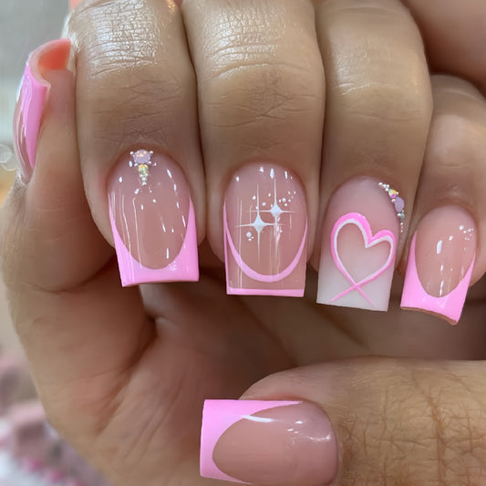Chic Romance Medium Square Pink Press On Nail Set with Glittering Heart and Star Design
