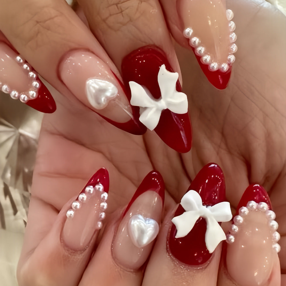 Romantic Elegance Long Almond Red and Clear Press On Nail Set with Charming Pearl and Bow Accents