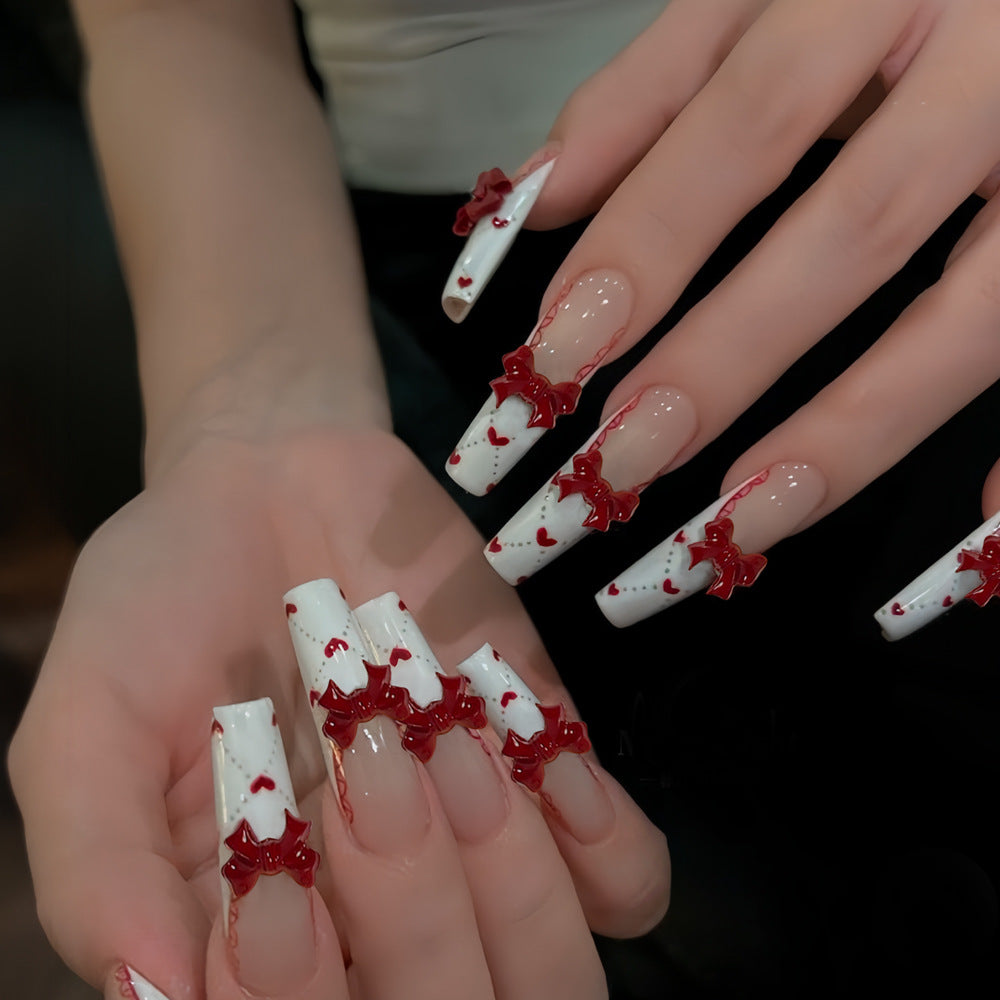 Festive Elegance Long Square White with Red Bow Accent Press On Nail Set