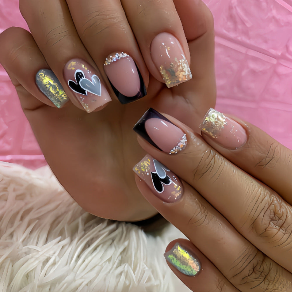 Love Story Elegant Medium Square Shaped Long Pink Gradient with Heart Design and Glimmering Accents Press On Nail Set