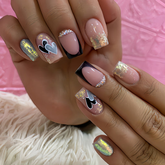 Love Story Elegant Medium Square Shaped Long Pink Gradient with Heart Design and Glimmering Accents Press On Nail Set