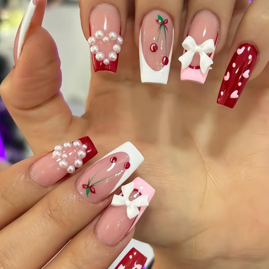 Cherry Blossom Delight Long Square Red and Pink with Bow and Pearl Accents Press on Nail Set