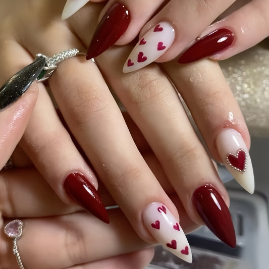 Romantic Heartfelt Long Almond Red and White Press-On Nail Set with Elegant Heart Designs