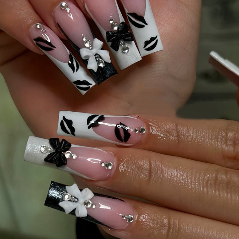 Chic Elegance Long Square Black and White Press on Nail Set with Bow and Rhinestone Accents